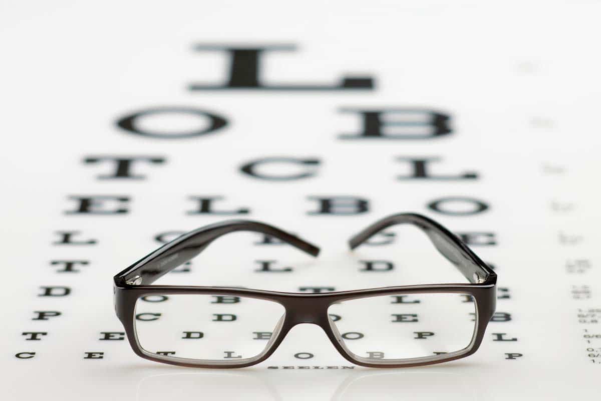 Pair of eye glasses, eye exam Snellen chart in the background.